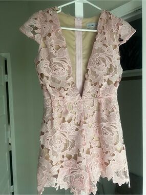 Lioness Pale Pink Lace V-Neck Fit-and-Flare Romper
